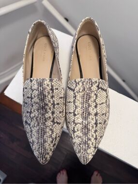 Cole Haan Women's Snake-Print Pointed Loafers in Taupe and Cream